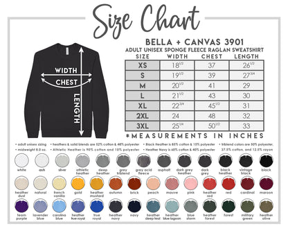 A size chart graphic for Bella + Canvas 39O1 adult unisex fleece raglan sweatshirts, showing a measurement table from XS to 3XL in inches, a black garment silhouette with width and length arrows, and a color options row with small swatches.